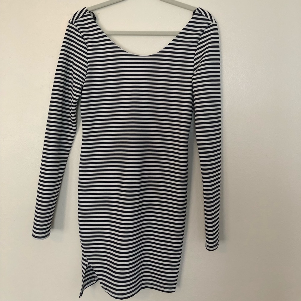 Navy and White Fit Long-sleeve Dress